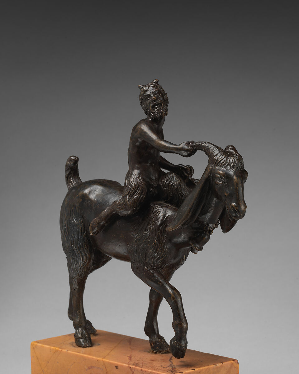 Satyr Riding a Goat, Manner of Andrea Briosco, called Riccio (Italian, Trent 1470–1532 Padua), Bronze; dark brown patina; yellow and green marble base, Italian, Padua 