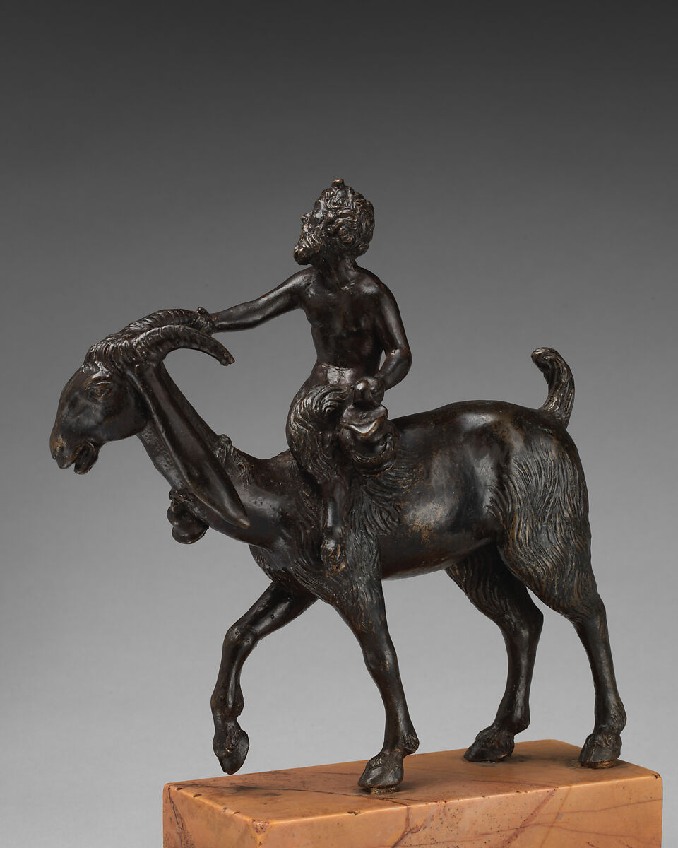 Satyr Riding a Goat, Manner of Andrea Briosco, called Riccio (Italian, Trent 1470–1532 Padua), Bronze; dark brown patina; yellow and green marble base, Italian, Padua