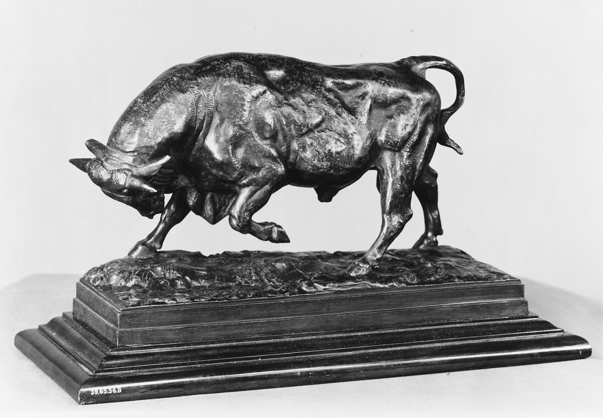 Bull on the Defensive, Antoine-Louis Barye (French, Paris 1795–1875 Paris), Bronze, brownish green patina; wood, French 