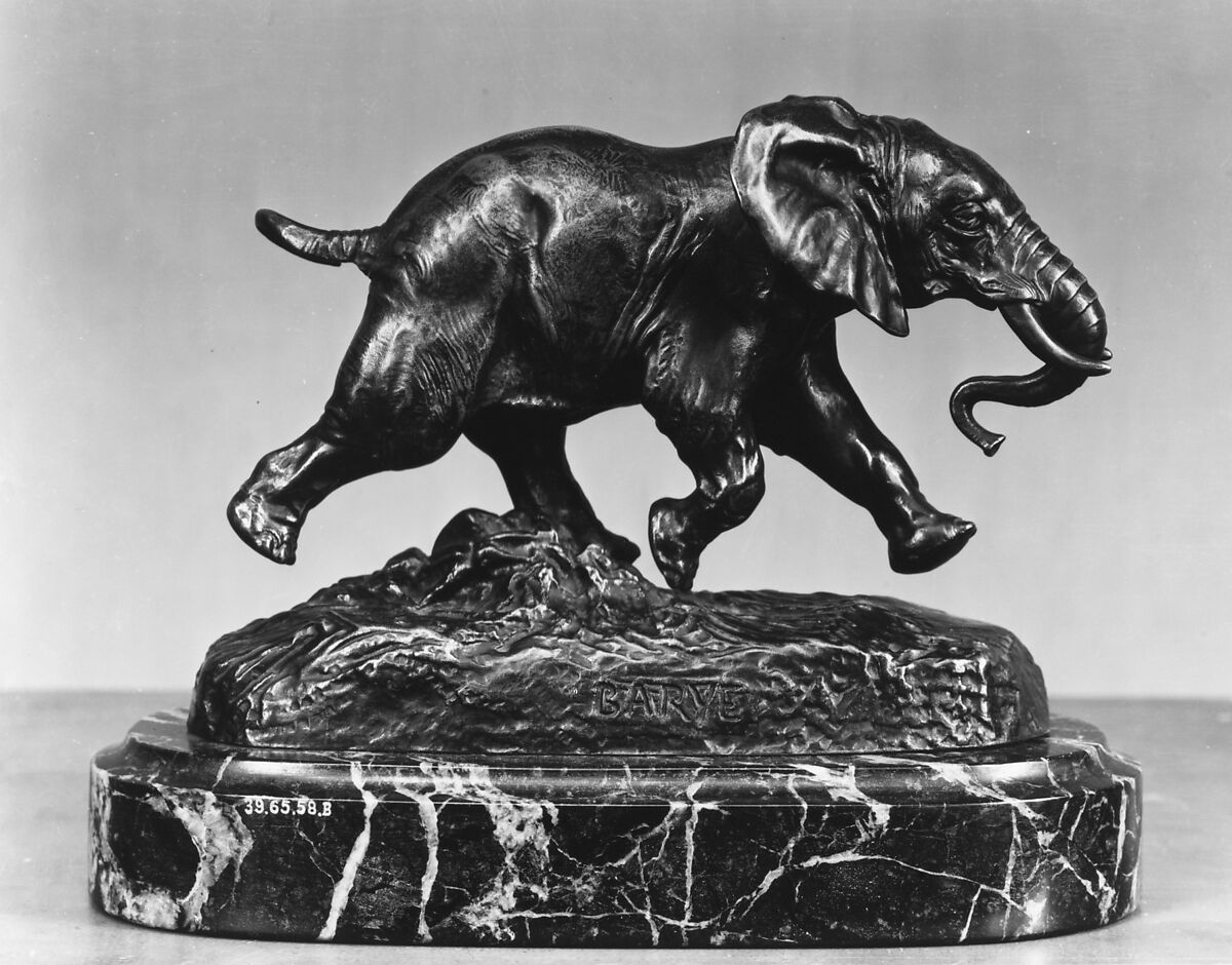 Senegalese Elephant, Antoine-Louis Barye (French, Paris 1795–1875 Paris), Bronze, marble base, French, Paris 