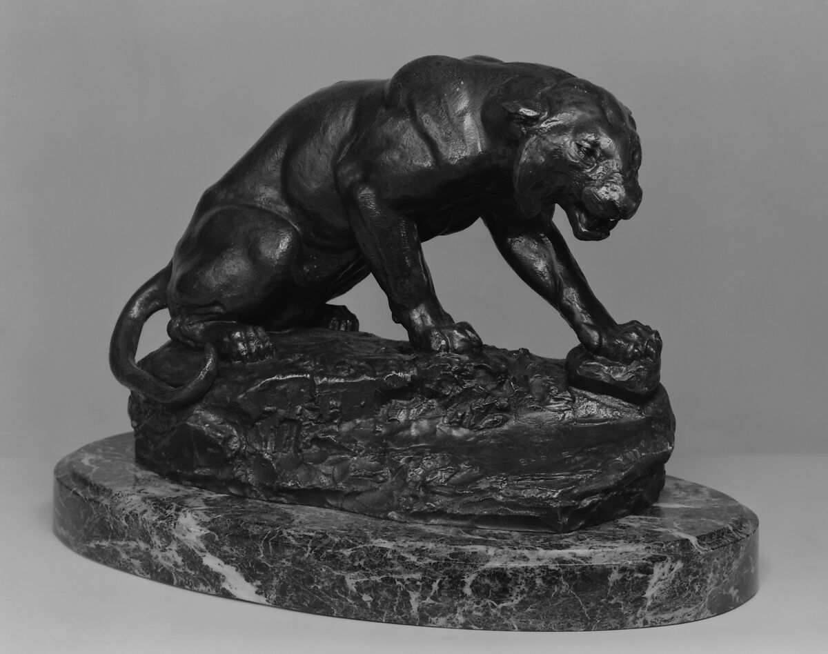 Snarling Tiger, Antoine-Louis Barye (French, Paris 1795–1875 Paris), Bronze, brown patina; green marble base, French 