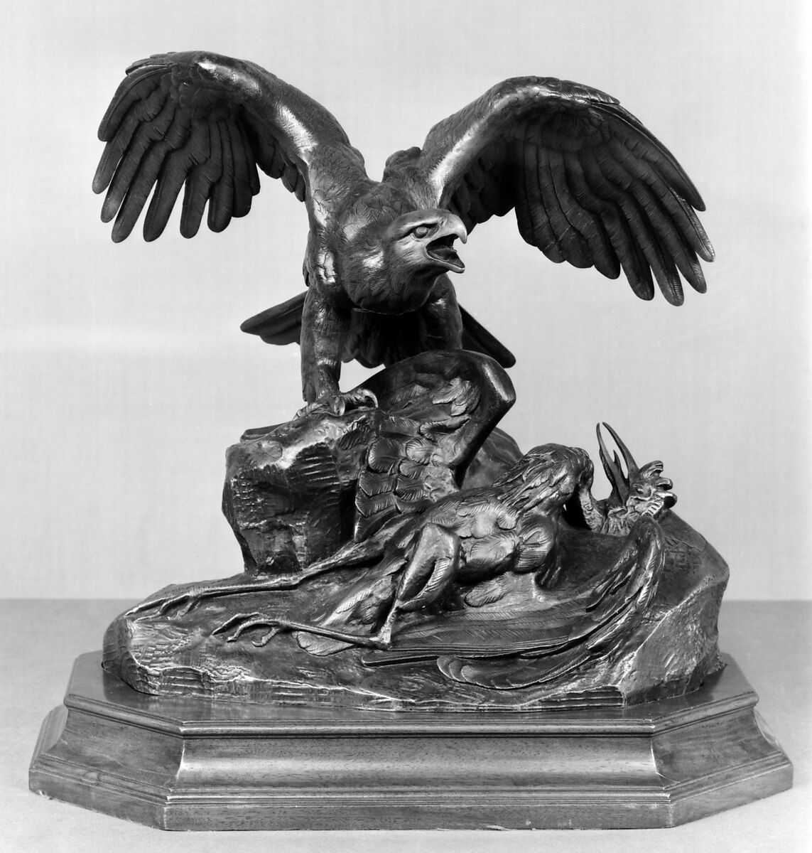 Eagle with a Dead Heron, Antoine-Louis Barye (French, Paris 1795–1875 Paris), Bronze, brown patina; wood, French 
