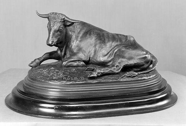 Reclining Ox, Rosa Bonheur (French, Bordeaux 1822–1899 Thomery), Bronze, dark brown patina; wood base, French, Paris 