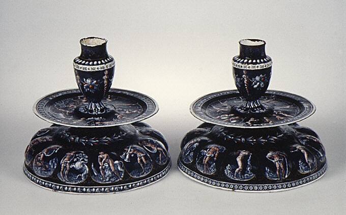 Candlestick (one of a pair), Master I. C. (probably Jean Court or Jean de Court) (working in the second half of the sixteenth century), Painted enamel on copper, partly gilt, French, Limoges