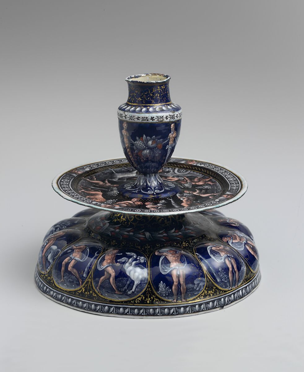 Candlestick (one of a pair), Master I. C. (probably Jean Court or Jean de Court) (working in the second half of the sixteenth century), Painted enamel on copper, partly gilt, French, Limoges 