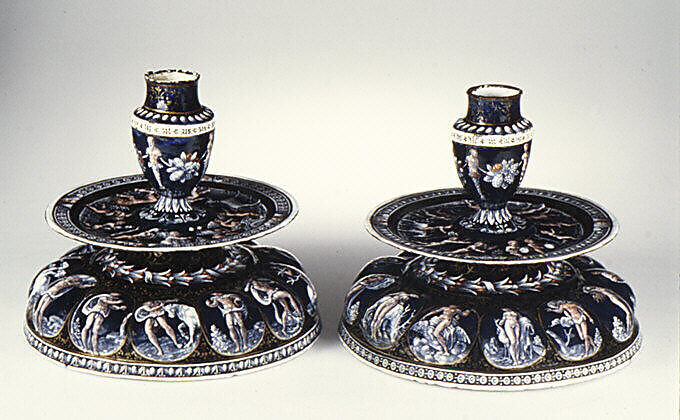 Candlestick (one of a pair), Master I. C. (probably Jean Court or Jean de Court) (working in the second half of the sixteenth century), Painted enamel on copper, partly gilt, French, Limoges