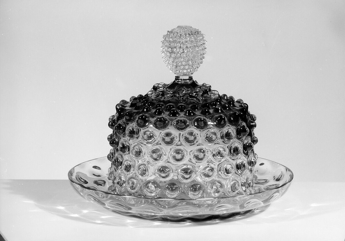 Hobnail Cheese Dish, Probably Hobbs, Brockunier and Company (1863–1891), Pressed colorless and cranberry glass, American 