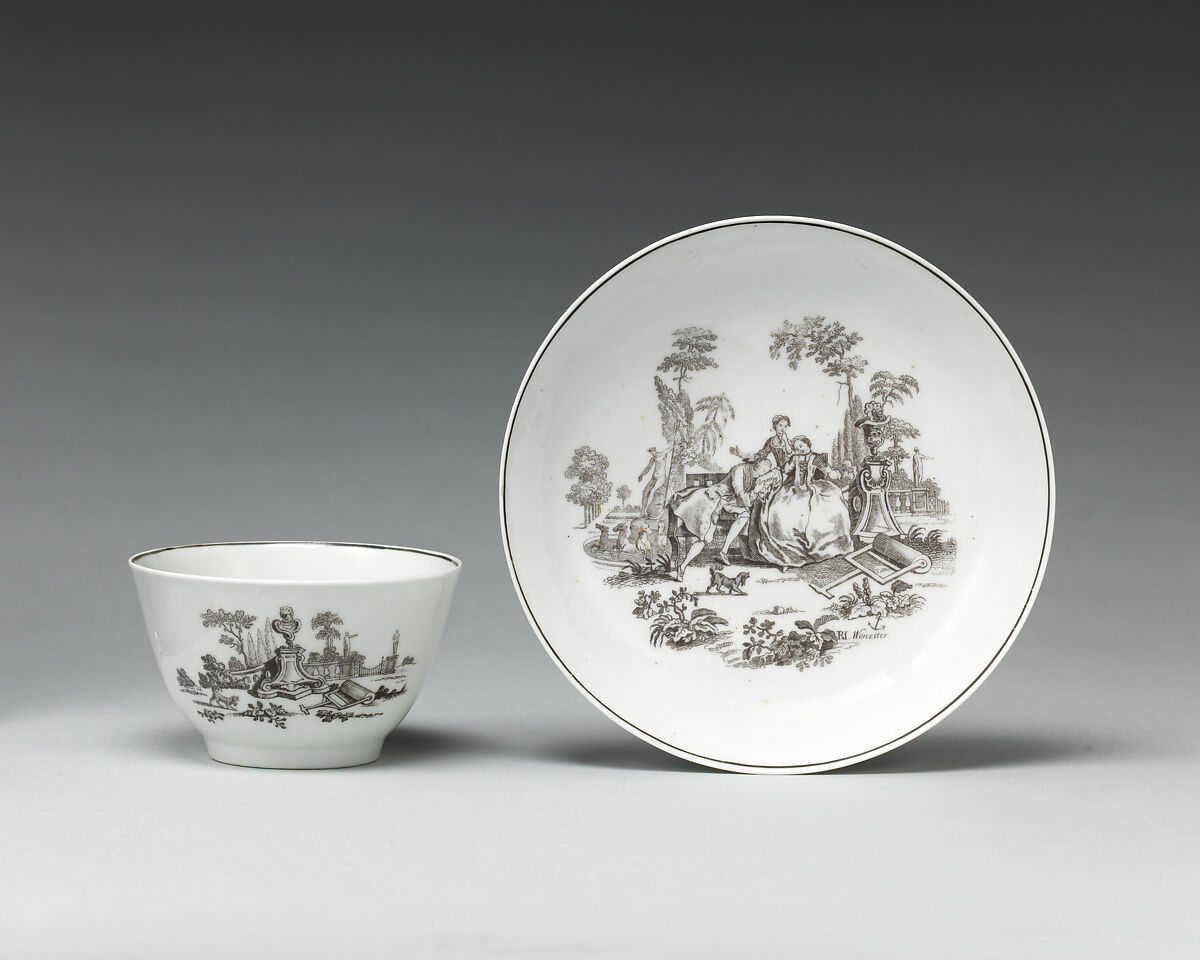 Cup and saucer (part of a set of four), Worcester factory (British, 1751–2008), Soft-paste porcelain, British, Worcester 