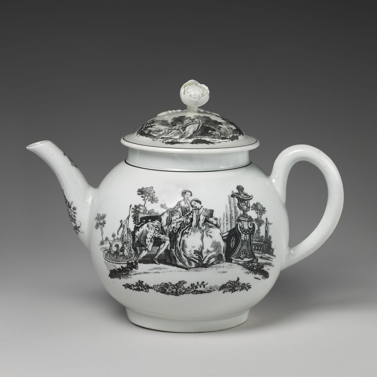 Teapot with L’amour, Worcester factory (British, 1751–2008), Soft-paste porcelain with transfer-printed decoration, British, Worcester 