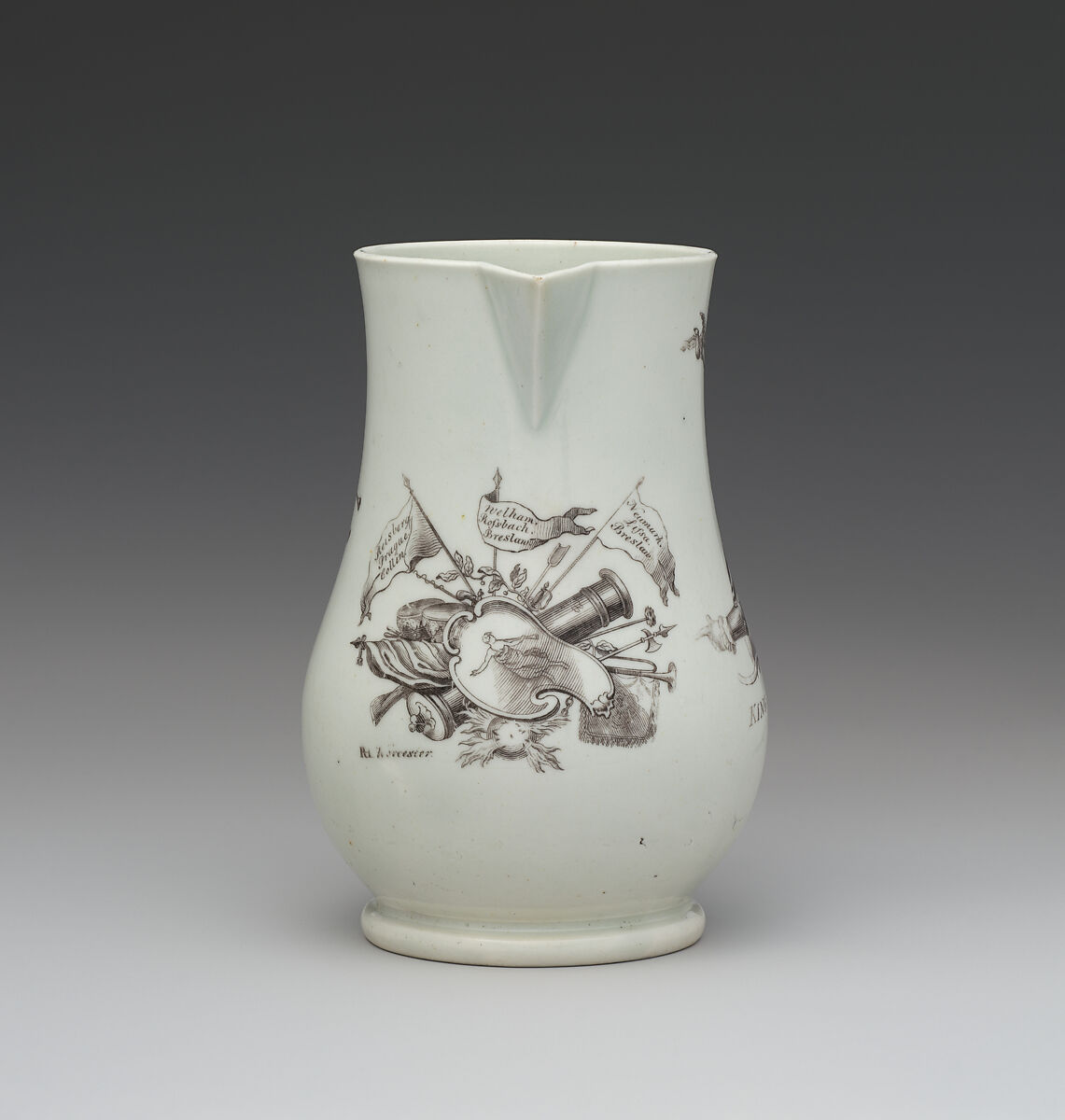 Jug with portrait of Frederick the Great, Worcester factory (British, 1751–2008), Soft-paste porcelain, British, Worcester