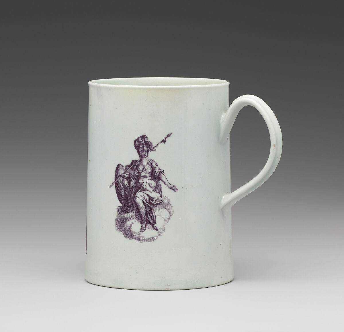 Mug with depiction of Queen Charlotte, Worcester factory (British, 1751–2008), Soft-paste porcelain, British, Worcester