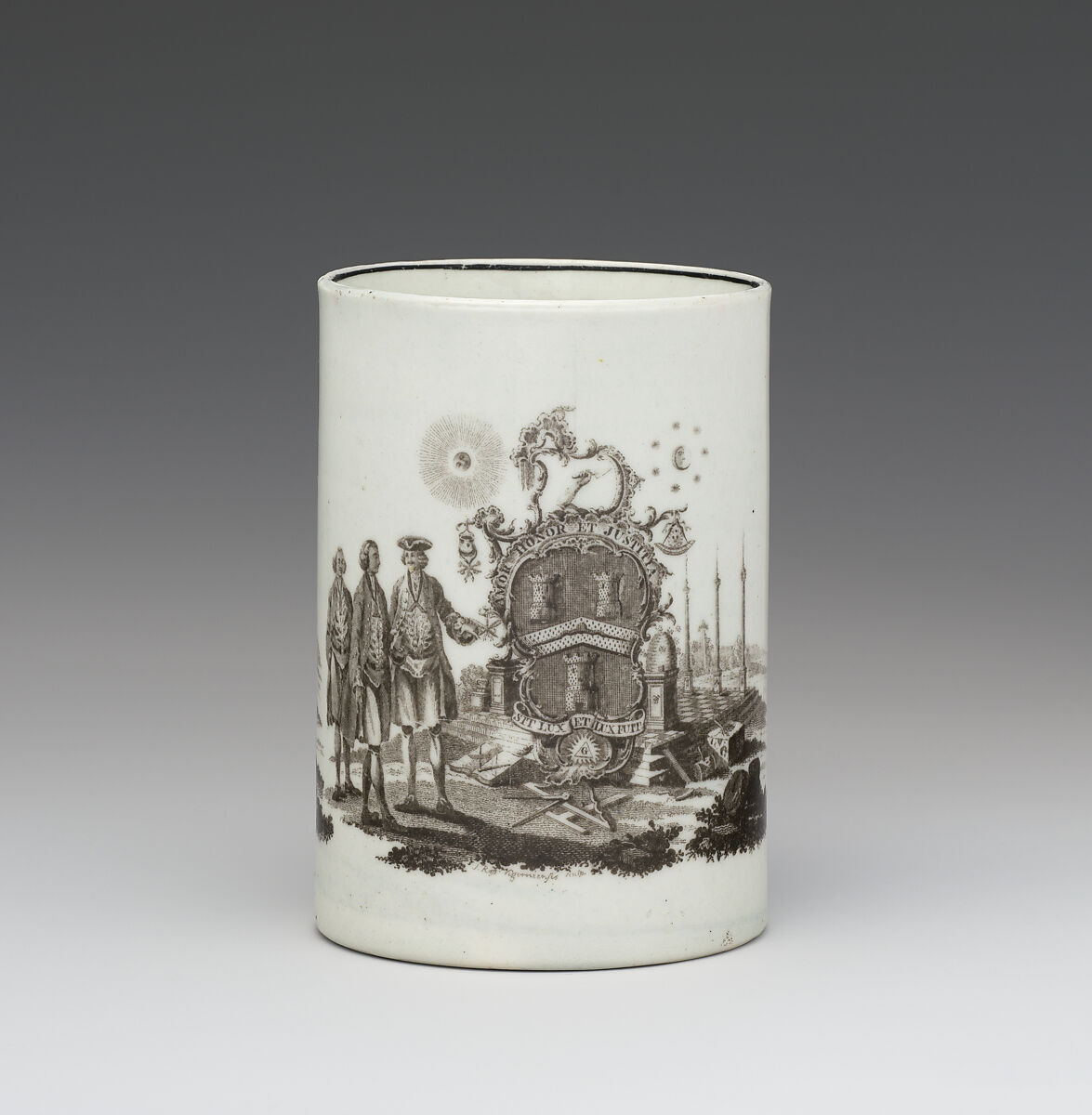 Mug with Freemason symbols and motto, Worcester factory (British, 1751–2008), Soft-paste porcelain, British, Worcester 