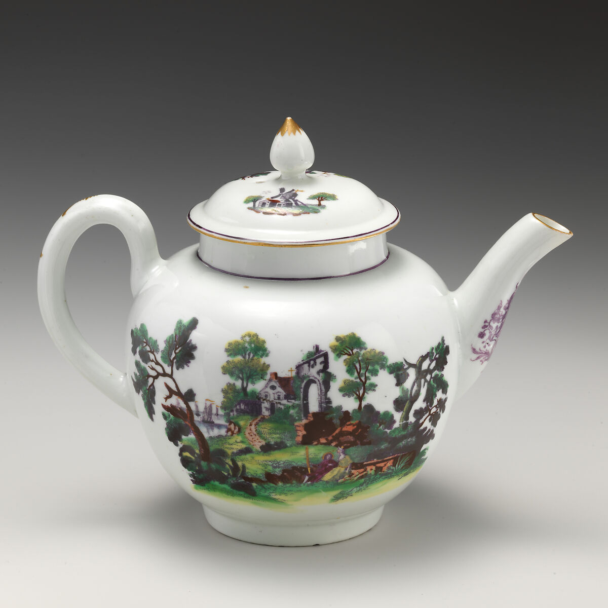 Teapot with landscape, Worcester factory (British, 1751–2008), Soft-paste porcelain with transfer-printed decoration, British, Worcester
