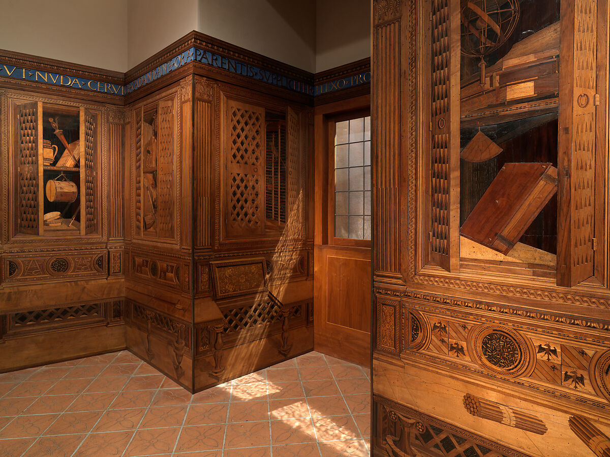 Studiolo from the Ducal Palace in Gubbio, Designed by Francesco di Giorgio Martini (Italian, Siena 1439–1501 Siena), Walnut, beech, rosewood, oak and fruitwoods in walnut base, Italian, Gubbio