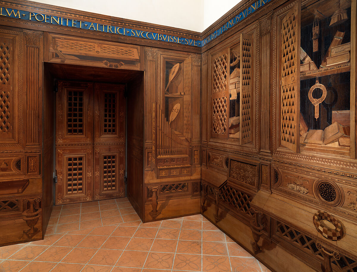 Studiolo from the Ducal Palace in Gubbio, Designed by Francesco di Giorgio Martini (Italian, Siena 1439–1501 Siena), Walnut, beech, rosewood, oak and fruitwoods in walnut base, Italian, Gubbio