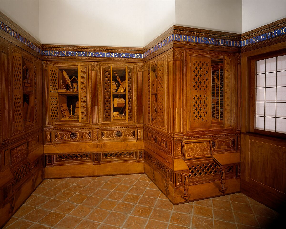 Studiolo from the Ducal Palace in Gubbio, Designed by Francesco di Giorgio Martini (Italian, Siena 1439–1501 Siena), Walnut, beech, rosewood, oak and fruitwoods in walnut base, Italian, Gubbio 