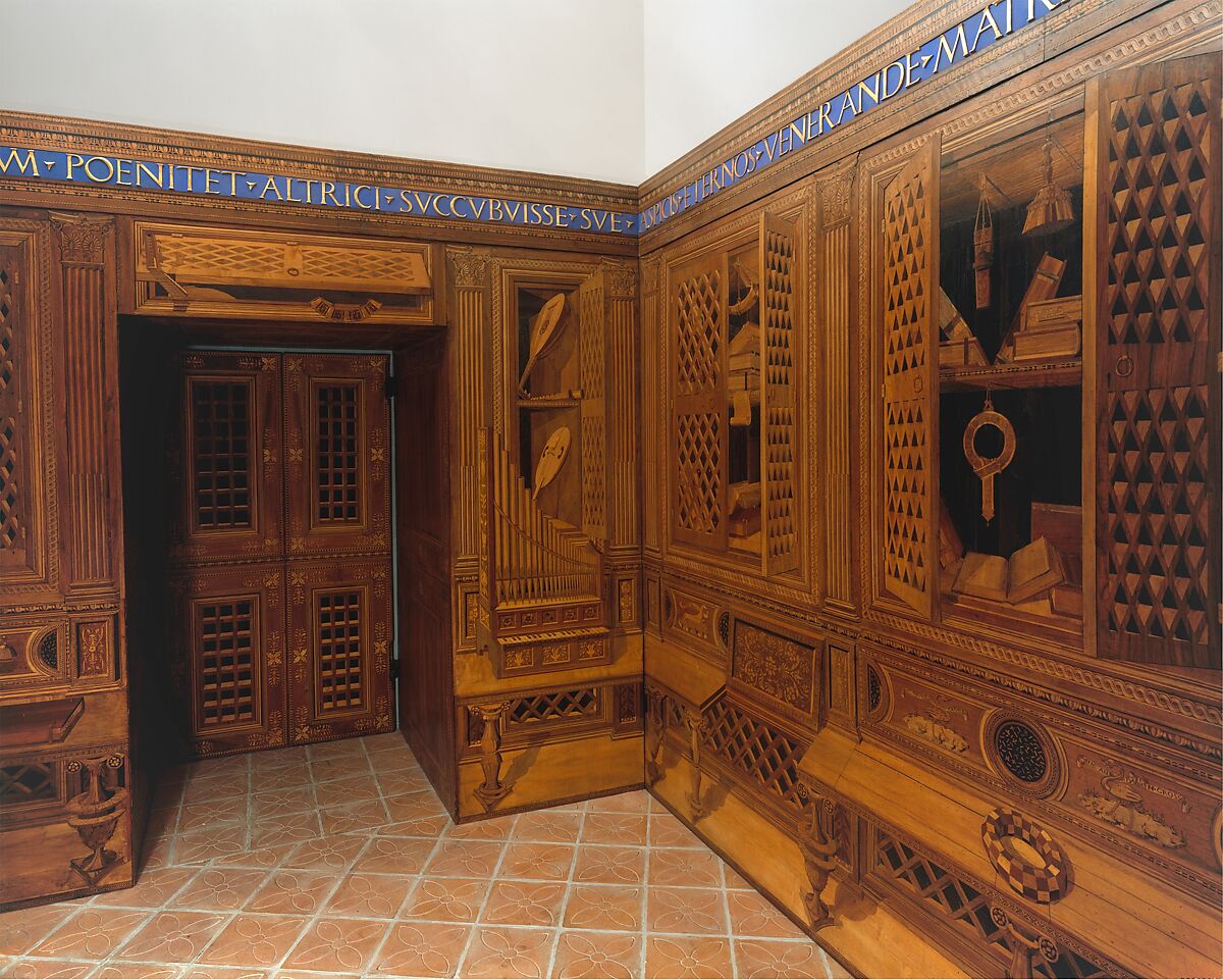 Studiolo from the Ducal Palace in Gubbio, Designed by Francesco di Giorgio Martini (Italian, Siena 1439–1501 Siena), Walnut, beech, rosewood, oak and fruitwoods in walnut base, Italian, Gubbio