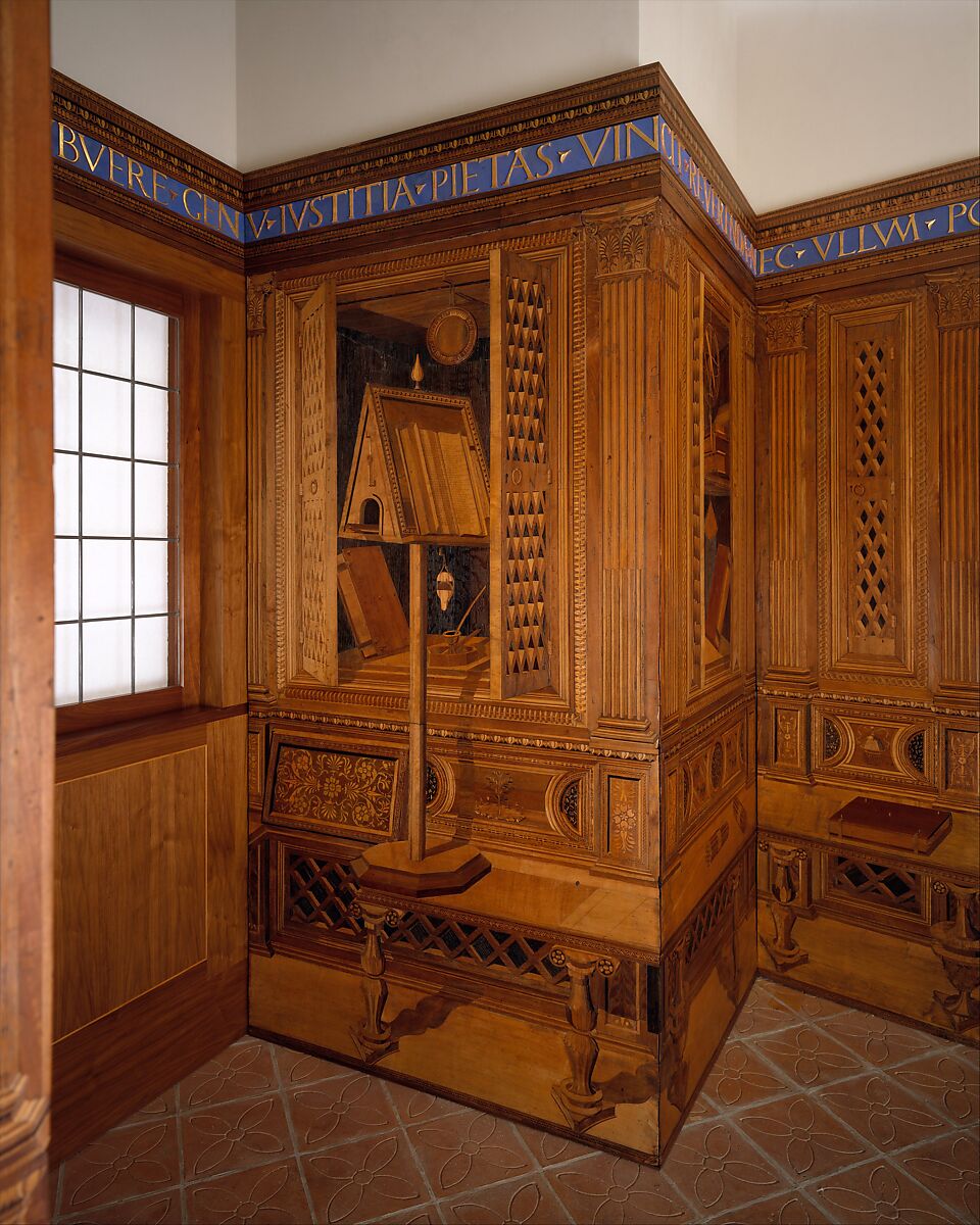 Studiolo from the Ducal Palace in Gubbio, Designed by Francesco di Giorgio Martini (Italian, Siena 1439–1501 Siena), Walnut, beech, rosewood, oak and fruitwoods in walnut base, Italian, Gubbio
