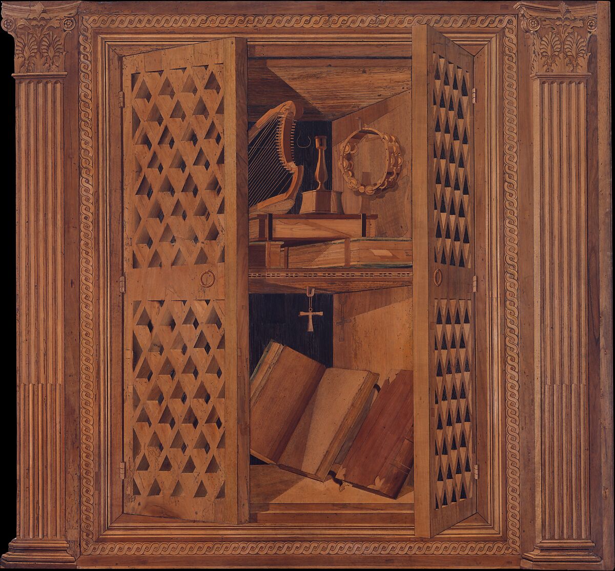 Studiolo from the Ducal Palace in Gubbio, Designed by Francesco di Giorgio Martini (Italian, Siena 1439–1501 Siena), Walnut, beech, rosewood, oak and fruitwoods in walnut base, Italian, Gubbio