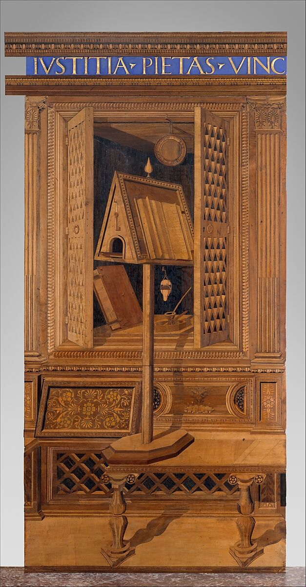 Studiolo from the Ducal Palace in Gubbio, Designed by Francesco di Giorgio Martini (Italian, Siena 1439–1501 Siena), Walnut, beech, rosewood, oak and fruitwoods in walnut base, Italian, Gubbio