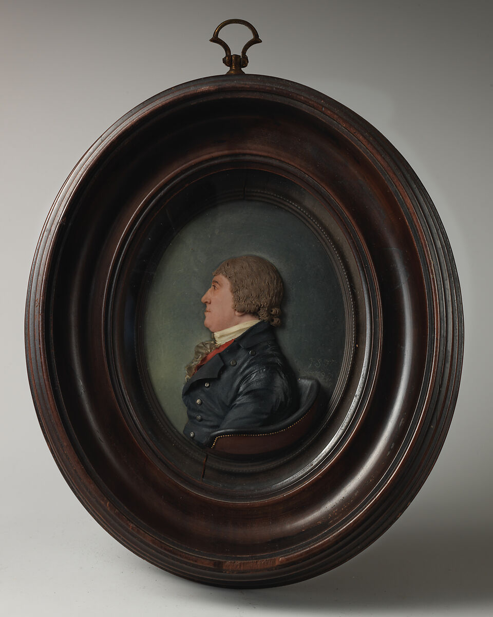 Portrait of an unknown man, Possibly by Joachim Smith (active 1774), Colored wax on glass over paper, painted grey-blue with water-color; frame: brown wood, British 