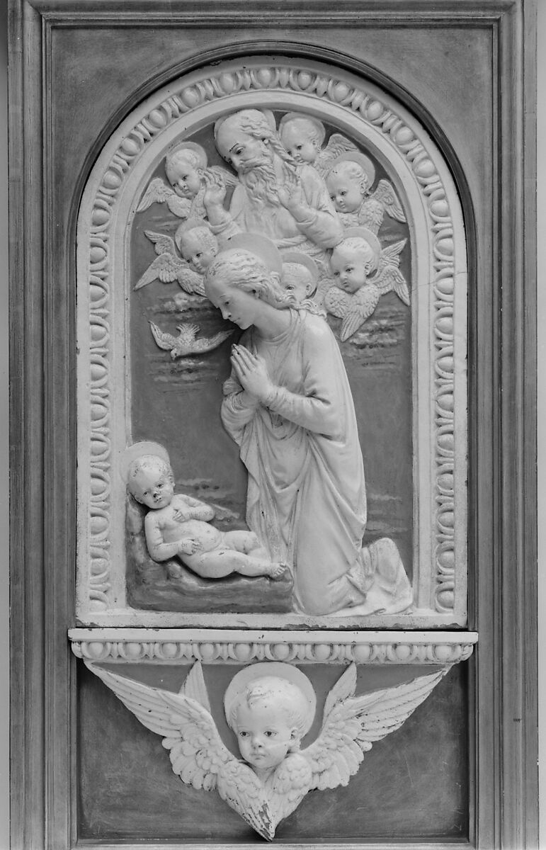Virgin Adoring the Christ Child, Andrea della Robbia (Italian, 1435–1525), Relief: glazed terracotta; frame: gilt wood (not original), Italian, Florence