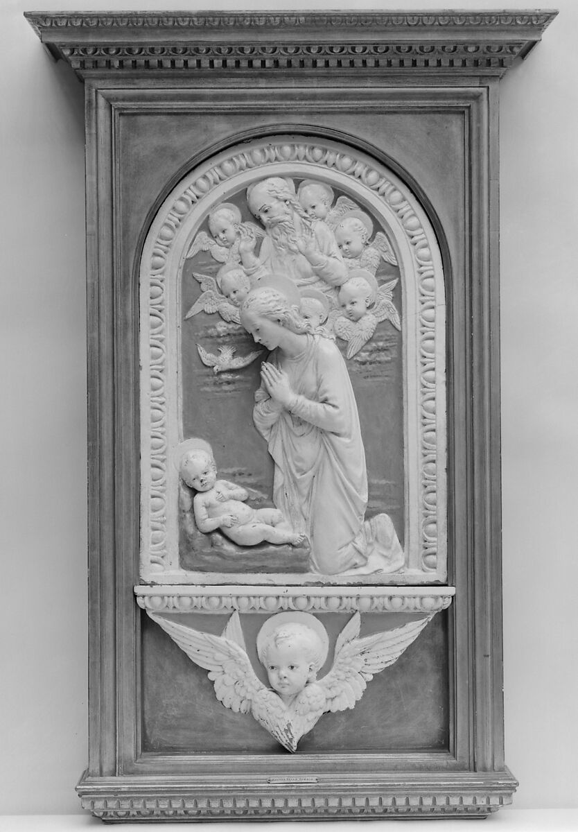 Virgin Adoring the Christ Child, Andrea della Robbia (Italian, 1435–1525), Relief: glazed terracotta; frame: gilt wood (not original), Italian, Florence 