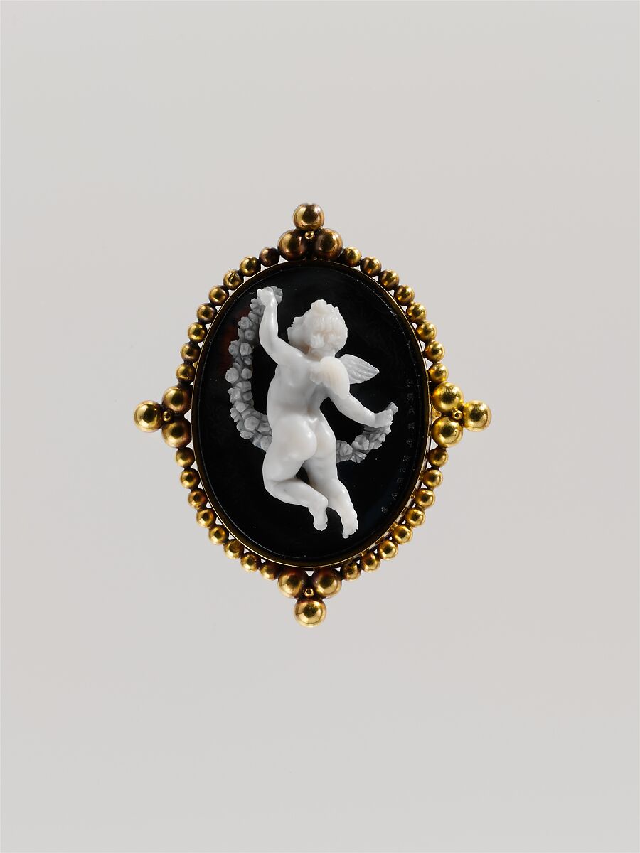 Amorino with a Garland, Giovanni Antonio Girardet (1827–after 1870), Onyx and gold, Italian, Rome 