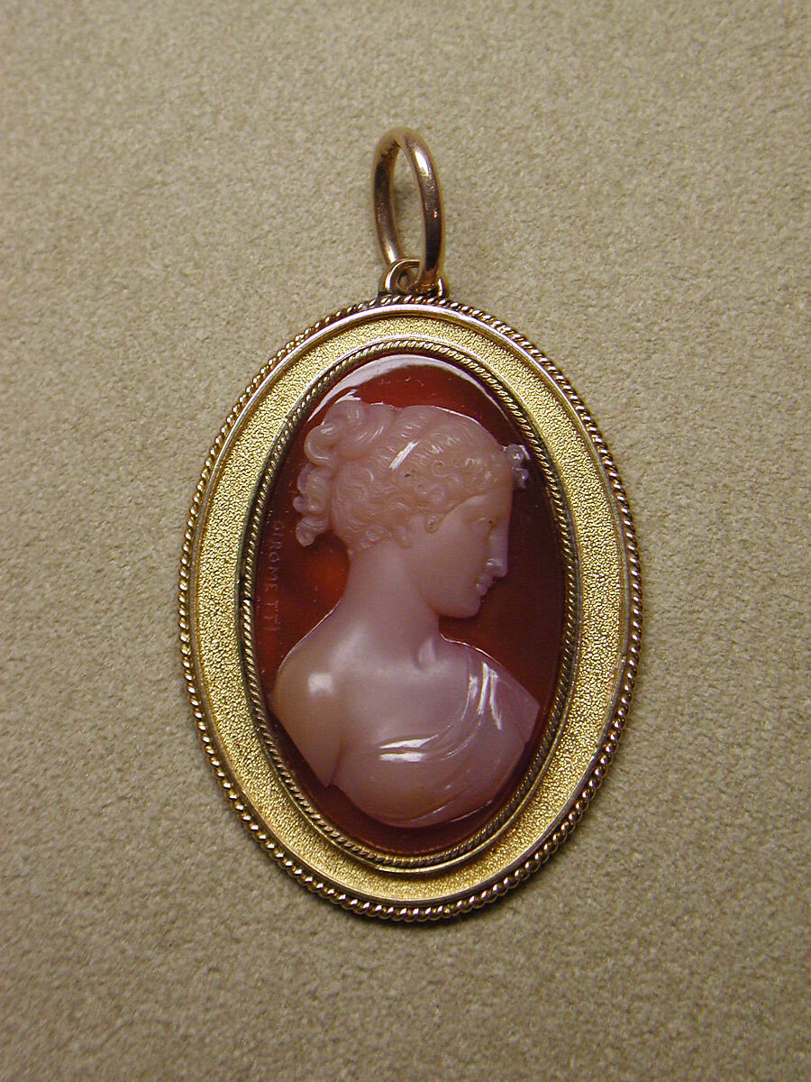 Bust of a young woman, Giuseppe Girometti (Italian, Rome 1780–1851 Rome), Sardonyx, mounted in gold as a pendant, Italian, Rome 