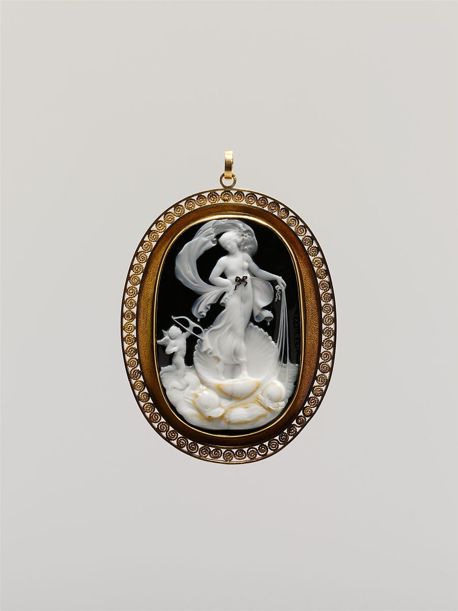 Venus Marina, Cupid at Her Side, Benedetto Pistrucci (Italian, 1783–1855, active England), Onyx, gold, British, London 