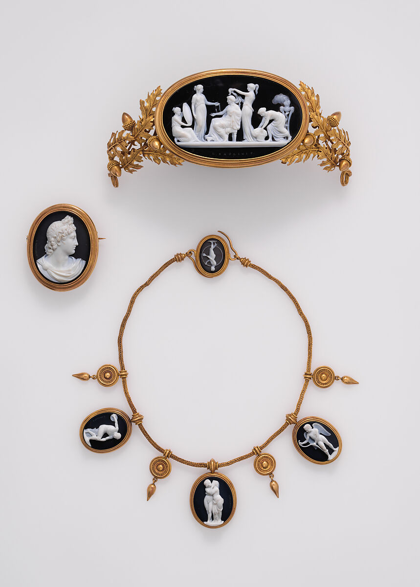 Parure: tiara, necklace, and brooch, Cameos carved by Luigi Saulini (Italian, 1819–1883), Onyx and gold, tortoiseshell, Italian, Rome 