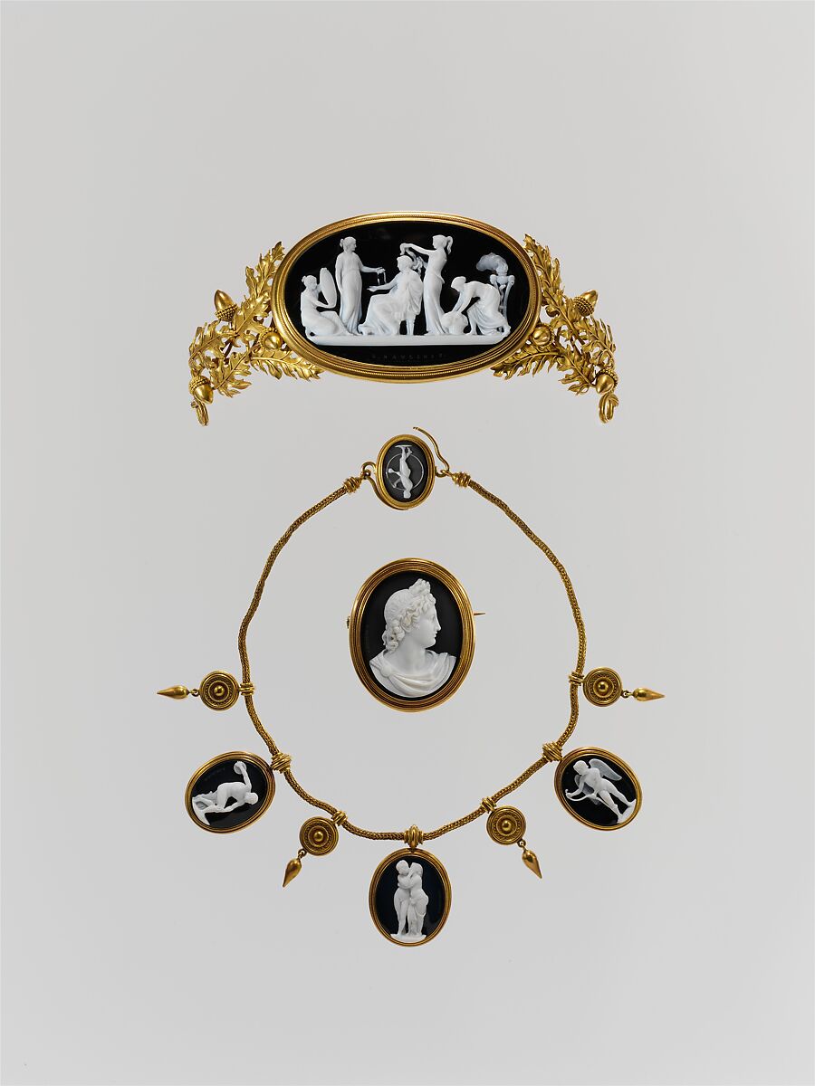 Parure: tiara, necklace, and brooch, Cameos carved by Luigi Saulini (Italian, 1819–1883), Onyx and gold,, Italian, Rome