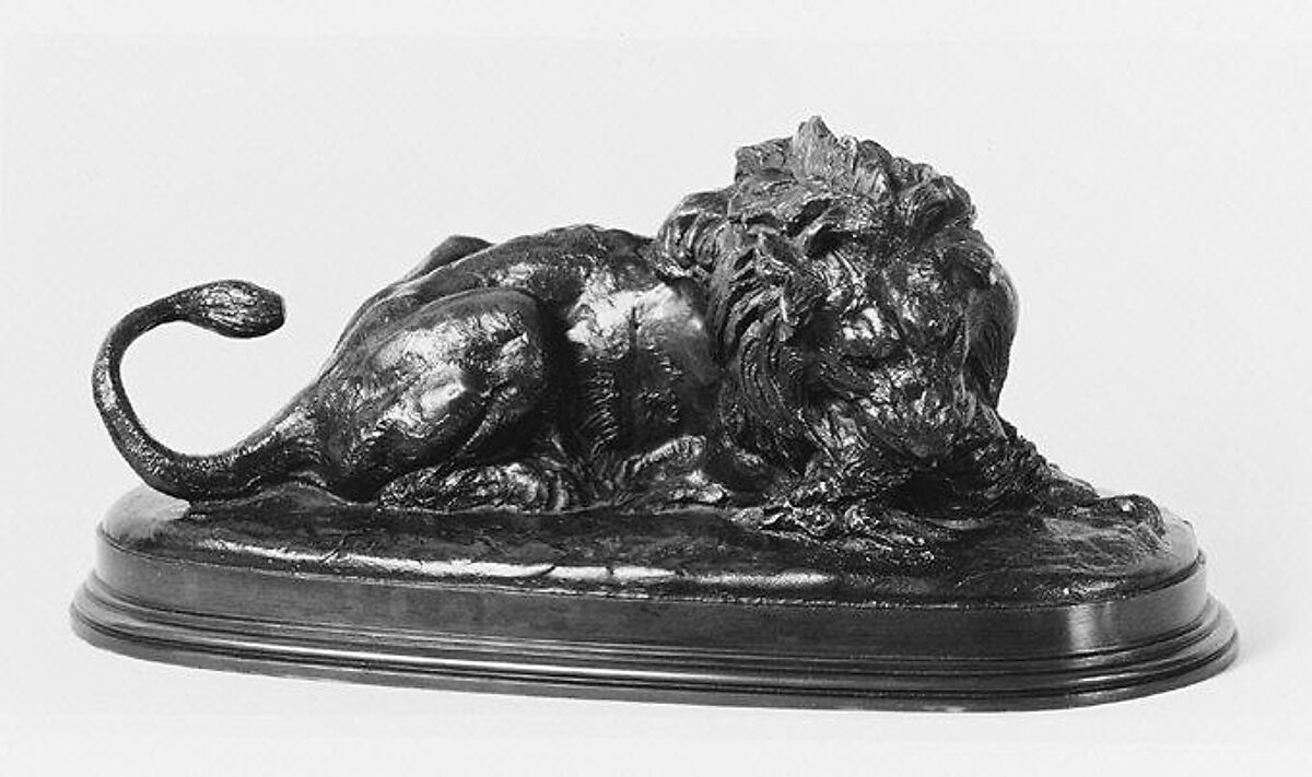 Lion Devouring a Doe, Antoine-Louis Barye (French, Paris 1795–1875 Paris), Bronze, brown patina, French 