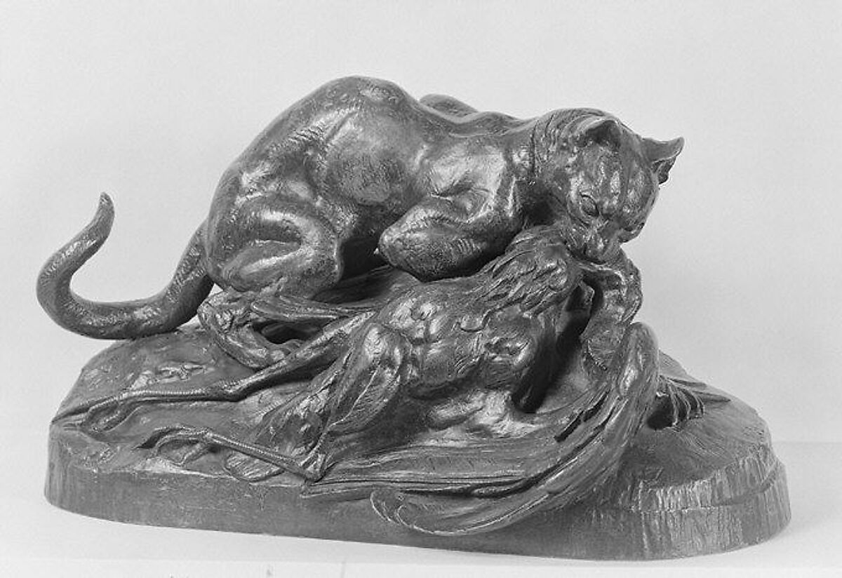 Ocelot Devouring a Heron, Antoine-Louis Barye (French, Paris 1795–1875 Paris), Bronze, brown patina, French 