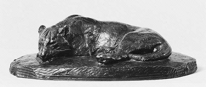 Jaguar Sleeping, Antoine-Louis Barye (French, Paris 1795–1875 Paris), Bronze, brown patina, French 