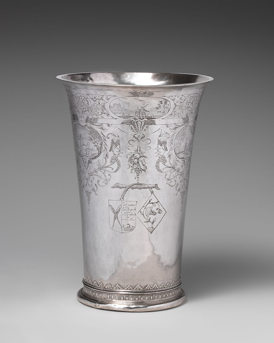 Beaker with three scenes from the Story of Tobit, First scene after a print by Jan van de Velde II (Dutch, Rotterdam or Delft ca. 1593–1641 Enkhuizen), Silver, Dutch, Enkhuizen