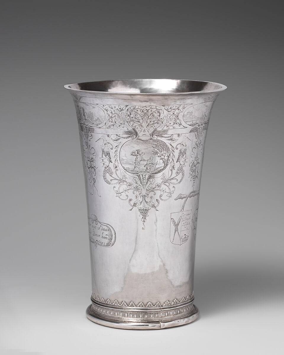 Beaker with three scenes from the Story of Tobit, First scene after a print by Jan van de Velde II (Dutch, Rotterdam or Delft ca. 1593–1641 Enkhuizen), Silver, Dutch, Enkhuizen