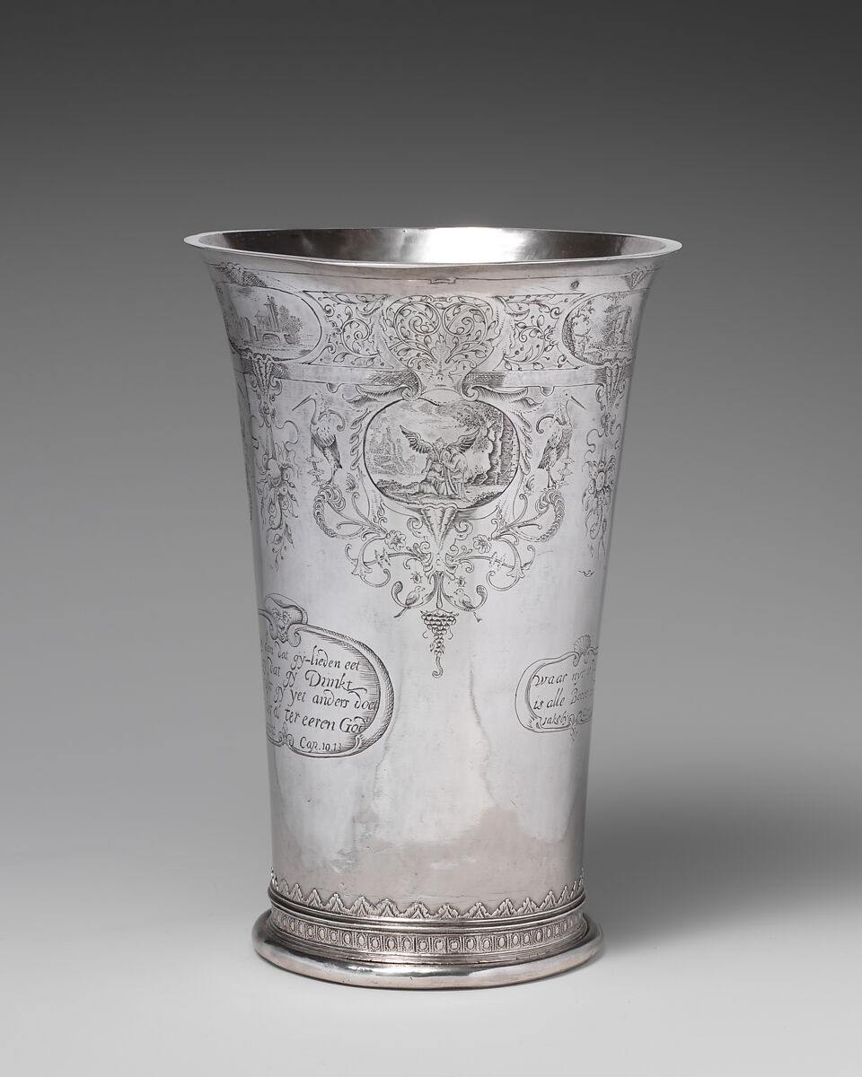 Beaker with three scenes from the Story of Tobit, First scene after a print by Jan van de Velde II (Dutch, Rotterdam or Delft ca. 1593–1641 Enkhuizen), Silver, Dutch, Enkhuizen 