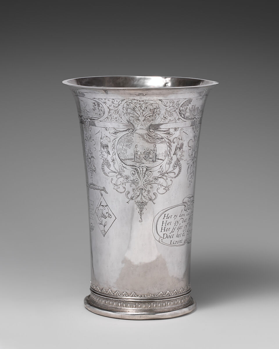 Beaker with three scenes from the Story of Tobit, First scene after a print by Jan van de Velde II (Dutch, Rotterdam or Delft ca. 1593–1641 Enkhuizen), Silver, Dutch, Enkhuizen
