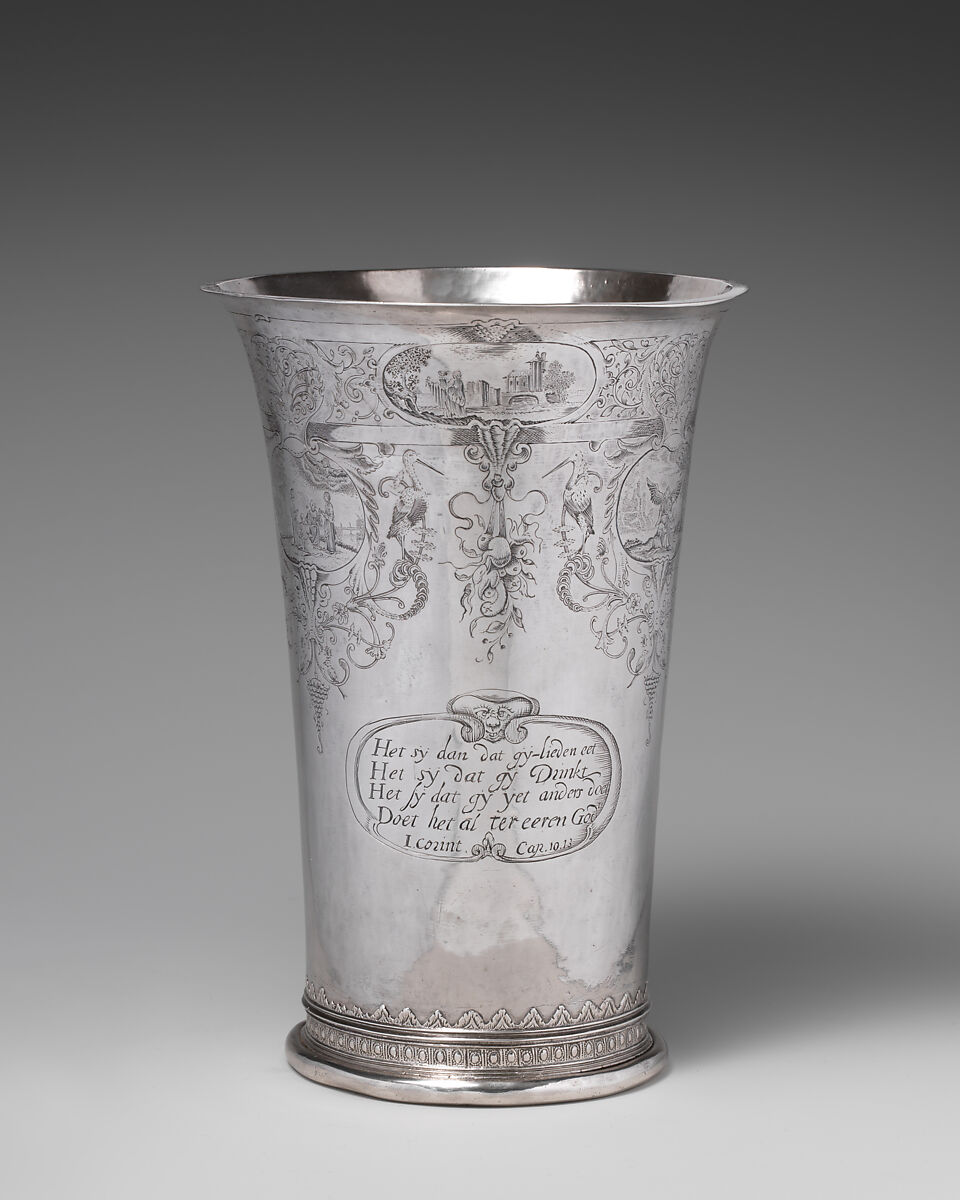 Beaker with three scenes from the Story of Tobit, First scene after a print by Jan van de Velde II (Dutch, Rotterdam or Delft ca. 1593–1641 Enkhuizen), Silver, Dutch, Enkhuizen