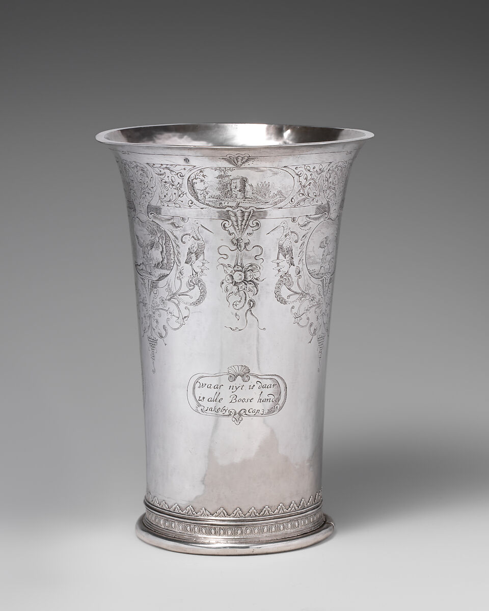 Beaker with three scenes from the Story of Tobit, First scene after a print by Jan van de Velde II (Dutch, Rotterdam or Delft ca. 1593–1641 Enkhuizen), Silver, Dutch, Enkhuizen