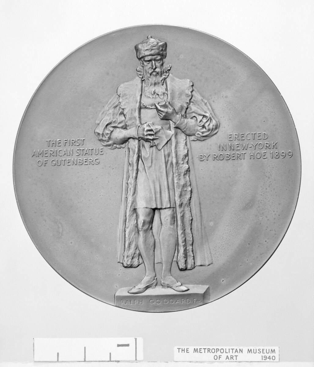 Johannes Gutenberg (ca. 1393/1400–1486): Commemorative of the Erection in New York by Robert Hoe of a Statue of Gutenberg in 1889, Medalist: Anton Scharff (Austrian, Vienna 1845–1903 Brunn am Gebirge), Bronze, dark brown patina, struck, Austrian
