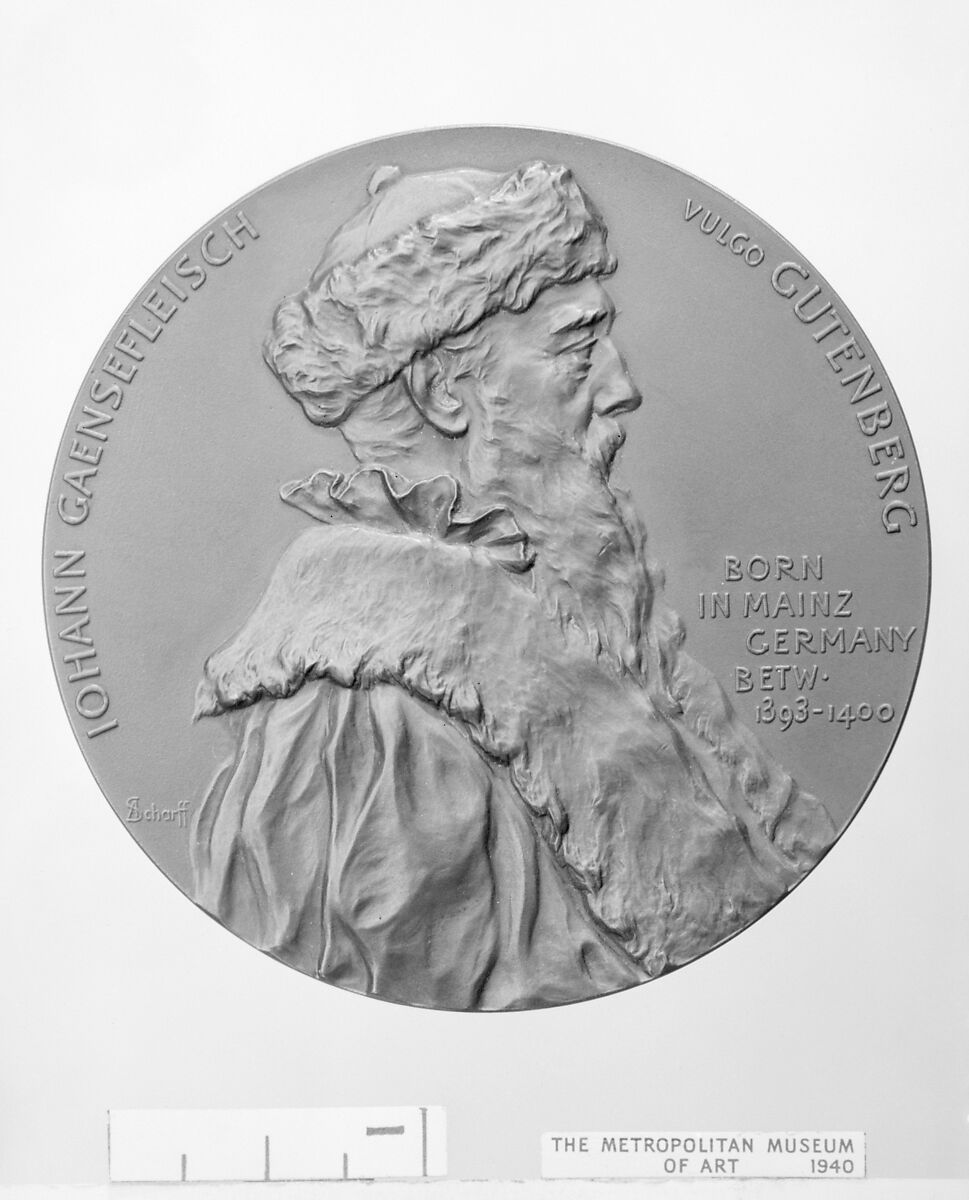 Johannes Gutenberg (ca. 1393/1400–1486): Commemorative of the Erection in New York by Robert Hoe of a Statue of Gutenberg in 1889, Medalist: Anton Scharff (Austrian, Vienna 1845–1903 Brunn am Gebirge), Bronze, dark brown patina, struck, Austrian 