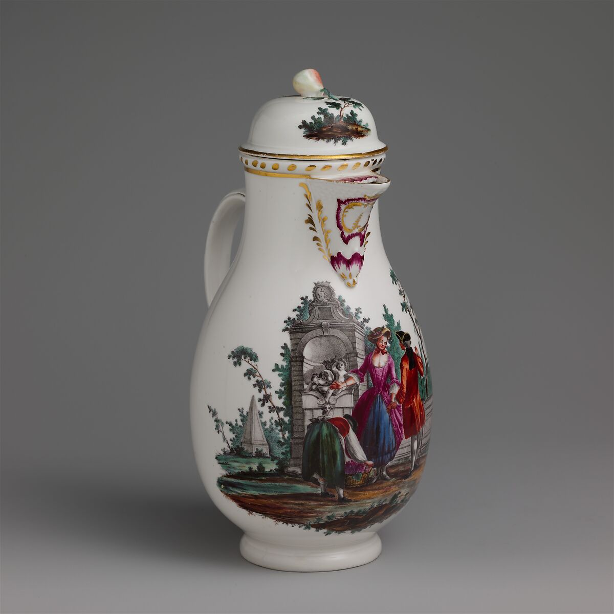 Coffeepot, Höchst Manufactory (German, 1746–1796), Hard-paste porcelain decorated in polychrome enamels, gold, German, Höchst