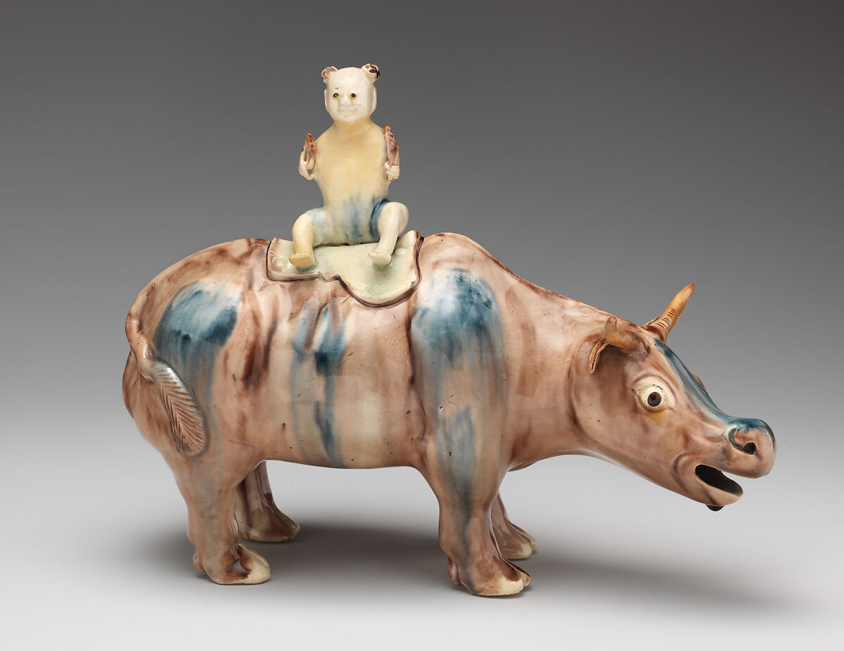 Pair of water buffalos with boys, Style of Whieldon type, Tortoiseshell ware, British, Staffordshire