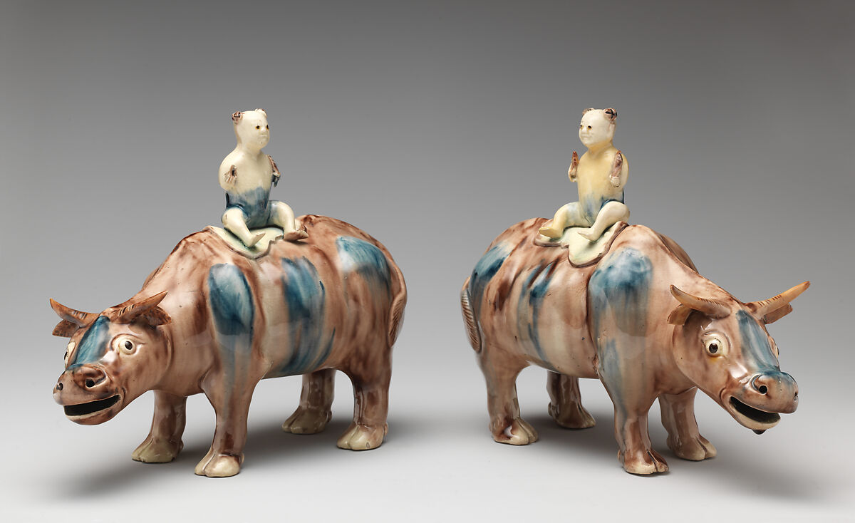 Pair of water buffalos with boys, Style of Whieldon type, Tortoiseshell ware, British, Staffordshire