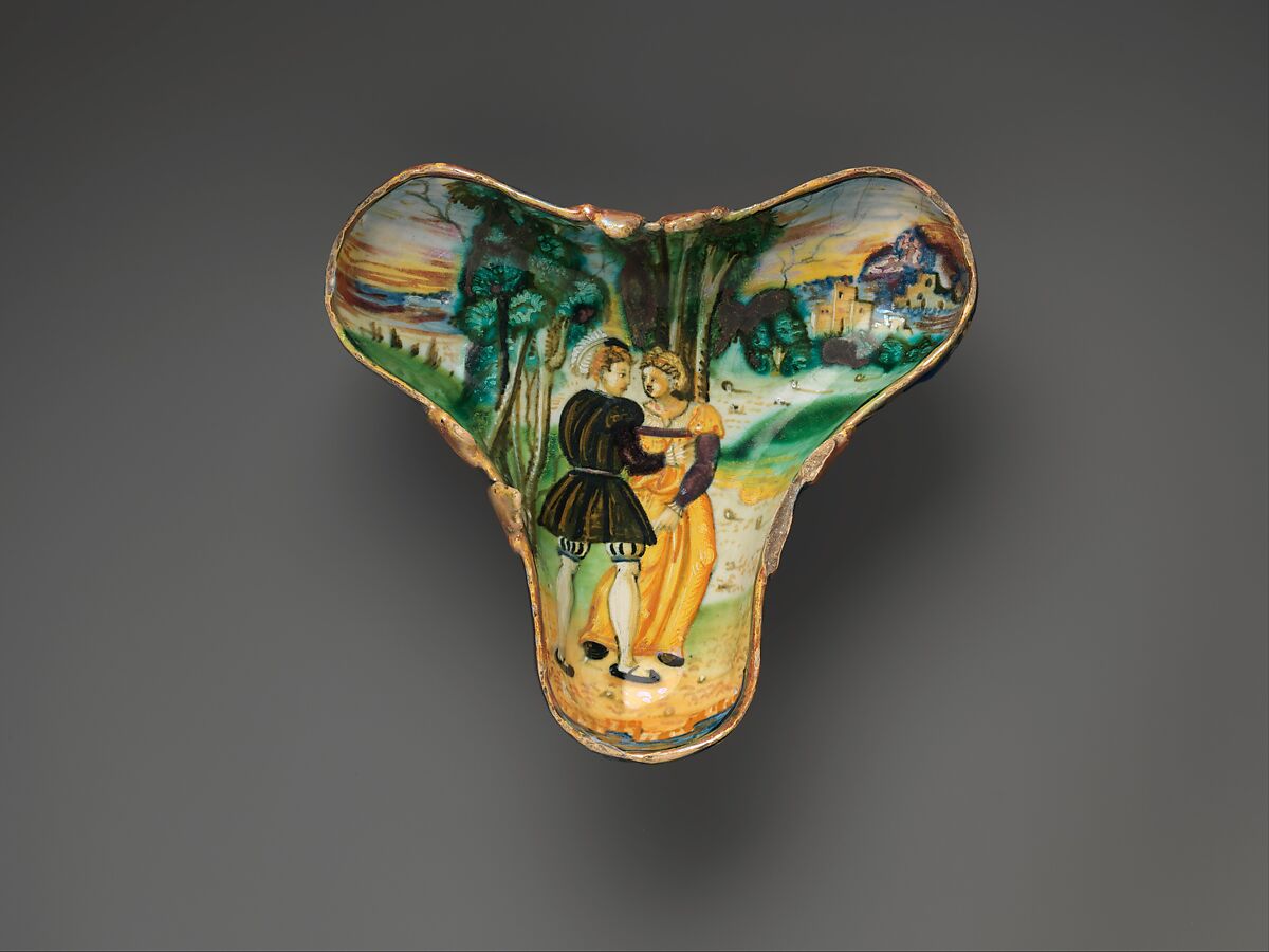 Trilobed vessel with Two Lovers in a Landscape, Maiolica (tin-glazed earthenware), lustered, Italian, perhaps Urbino with Urbino or Gubbio luster 