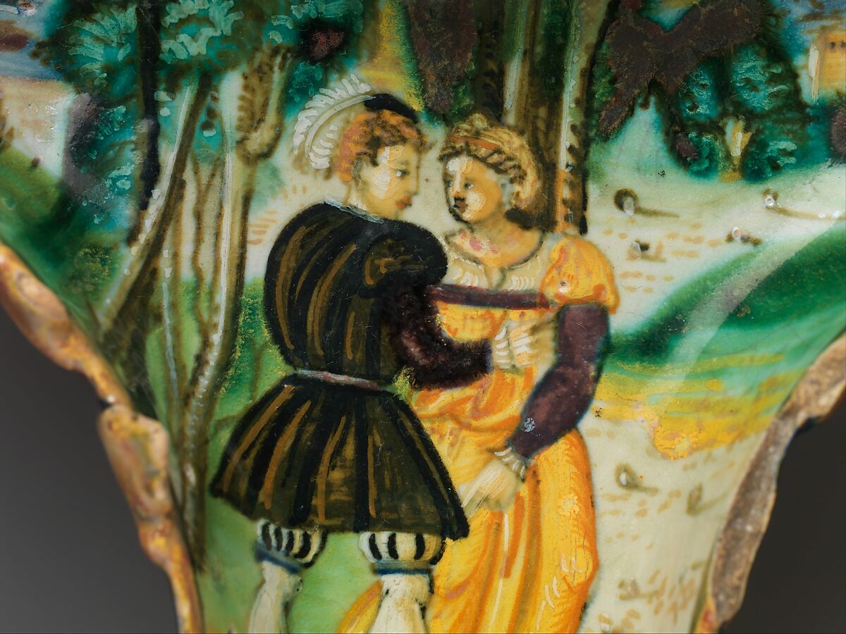 Trilobed vessel with Two Lovers in a Landscape, Maiolica (tin-glazed earthenware), lustered, Italian, perhaps Urbino with Urbino or Gubbio luster
