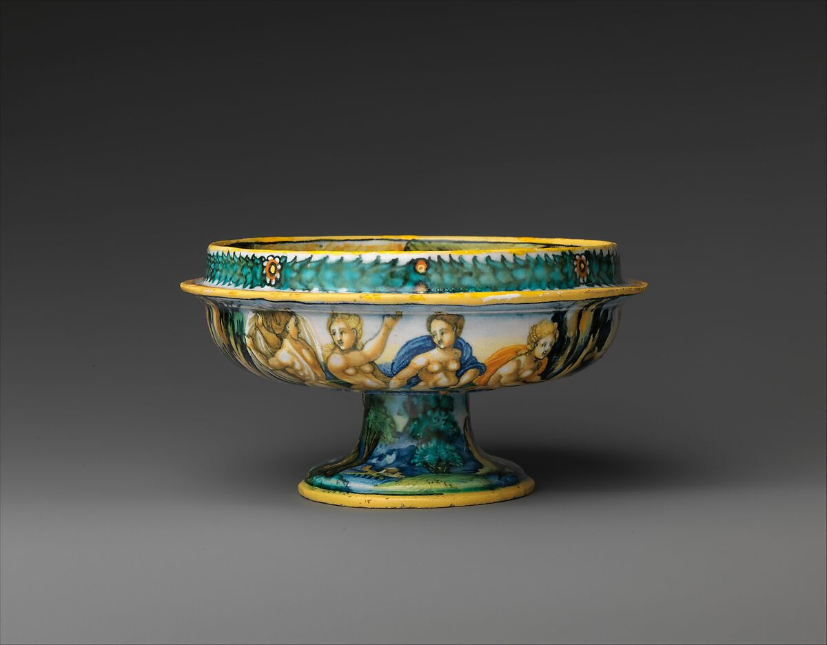 Bowl from a birth set with birth scene and Diana and Actaeon, Perhaps the "Milan Marsyas" Painter, Maiolica (tin-glazed earthenware), Italian, Urbino 