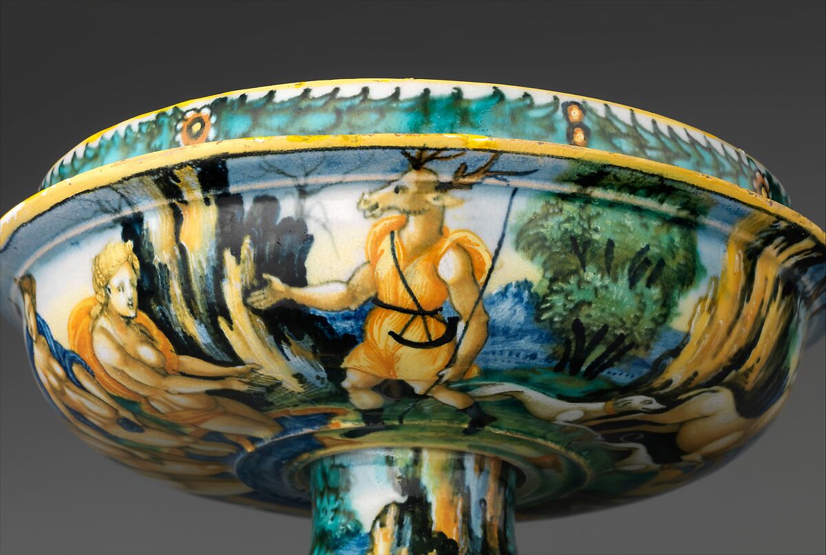 Bowl from a birth set with birth scene and Diana and Actaeon, Perhaps the "Milan Marsyas" Painter, Maiolica (tin-glazed earthenware), Italian, Urbino